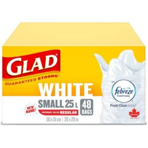 GLAD WH-TP1-0000172 White Garbage Bags Small 25 Litres Febreze Fresh Clean Scent 48 Trash Bags