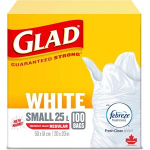 GLAD WH-TP1-0000173 White Garbage Bags Small 25 Litres Febreze Fresh Clean Scent 100 Trash Bags